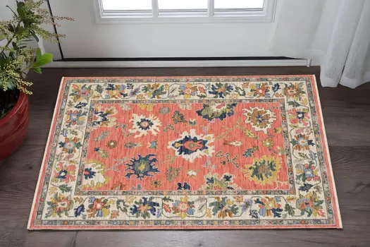 3' X 5' Salmon Blue And Yellow Oriental Area Rug With Fringe