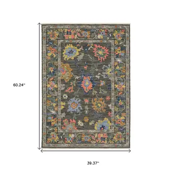 3' X 5' Gray Yellow And Blue Oriental Area Rug With Fringe