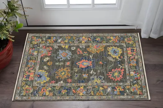 3' X 5' Gray Yellow And Blue Oriental Area Rug With Fringe