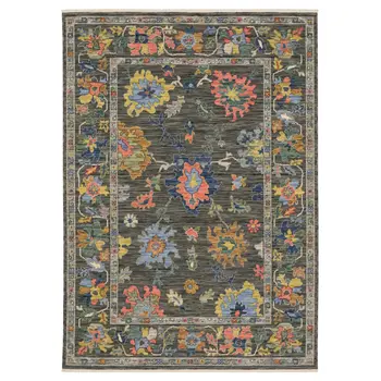 3' X 5' Gray Yellow And Blue Oriental Area Rug With Fringe