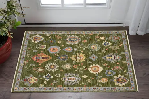 3' X 5' Green Gray And Light Blue Oriental Area Rug With Fringe