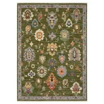 3' X 5' Green Gray And Light Blue Oriental Area Rug With Fringe