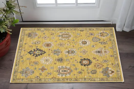 3' X 5' Yellow Ivory And Gray Oriental Area Rug With Fringe