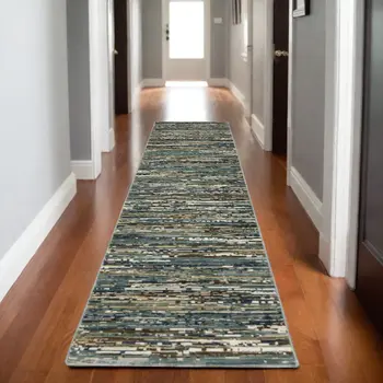 8' Blue Brown And Ivory Striped Runner Rug