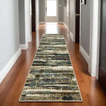 8' Beige And Blue Abstract Runner Rug