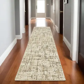 8' Ivory And Brown Abstract Runner Rug