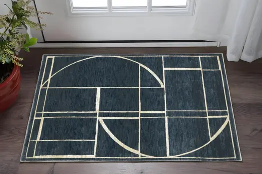 3' X 5' Blue And Ivory Geometric Area Rug