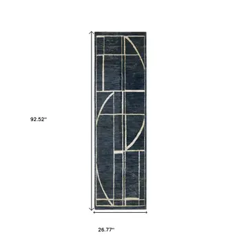 8' Blue And Ivory Geometric Runner Rug