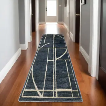 8' Blue And Ivory Geometric Runner Rug