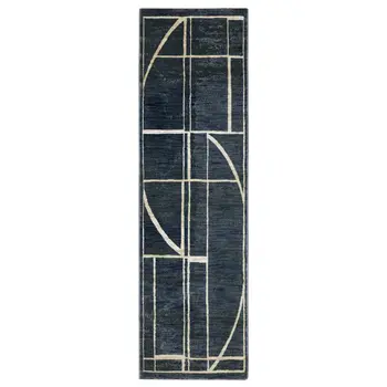 8' Blue And Ivory Geometric Runner Rug