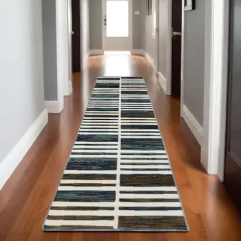 8' Ivory And Blue Geometric Runner Rug