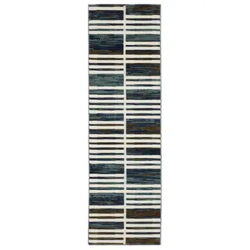 8' Ivory And Blue Geometric Runner Rug