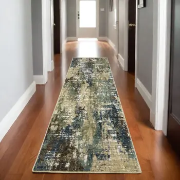 8' Blue And Green Abstract Runner Rug