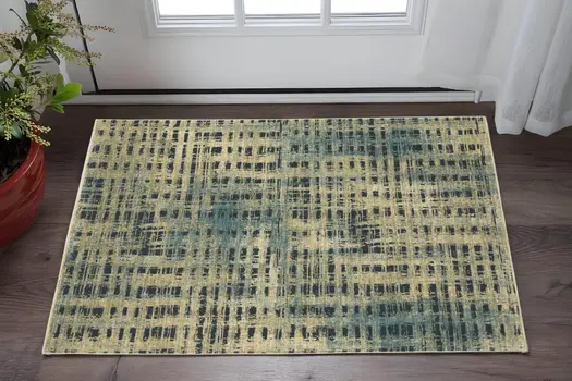 3' X 5' Beige And Blue Geometric Area Rug