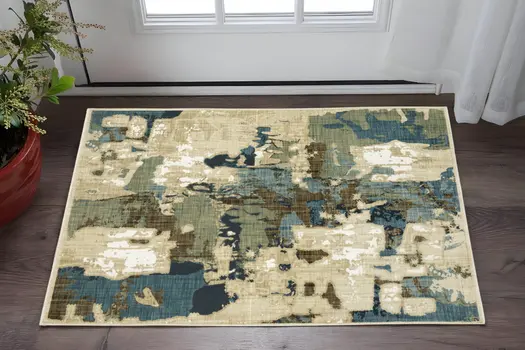 3' X 5' Beige Blue And Brown Abstract Area Rug