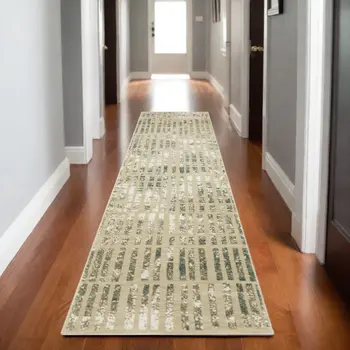 8' Beige And Blue Geometric Runner Rug
