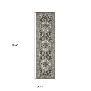 8' Gray And Ivory Oriental Runner Rug