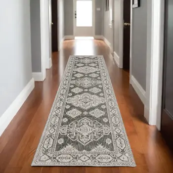 8' Gray And Gray Medallion Runner Rug