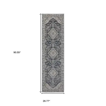 8' Blue And Gray Medallion Runner Rug