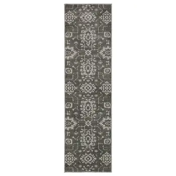 8' Gray And Ivory Oriental Runner Rug