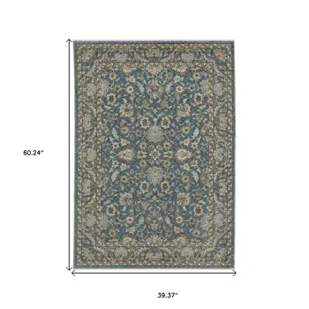 3' X 5' Blue And Beige Oriental Area Rug With Fringe