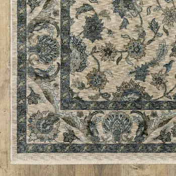 3' X 5' Beige And Blue Oriental Area Rug With Fringe