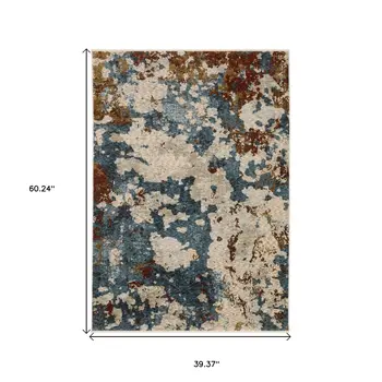 3' X 5' Beige Teal And Rust Abstract Area Rug With Fringe