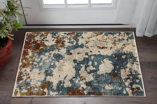 3' X 5' Beige Teal And Rust Abstract Area Rug With Fringe