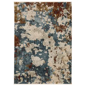 3' X 5' Beige Teal And Rust Abstract Area Rug With Fringe