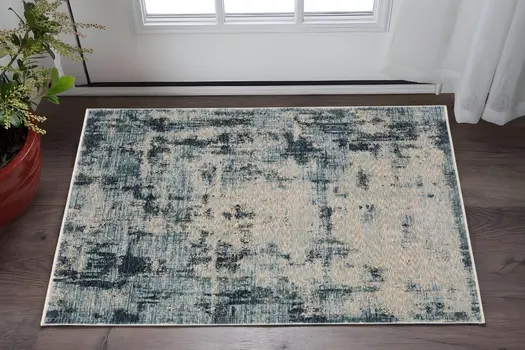 3' X 5' Beige And Blue Abstract Area Rug With Fringe