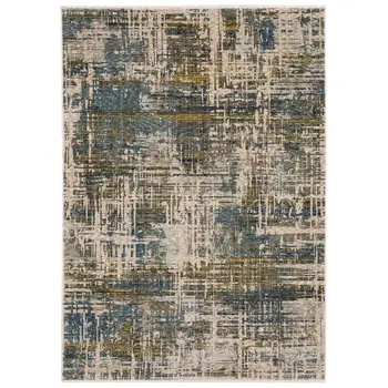 3' X 5' Blue And Gold Abstract Area Rug With Fringe