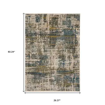3' X 5' Blue And Gold Abstract Area Rug With Fringe