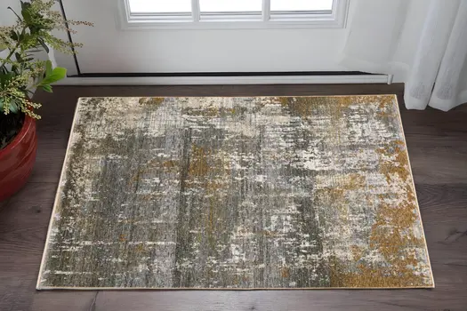 3' X 5' Gray And Gold Abstract Area Rug With Fringe