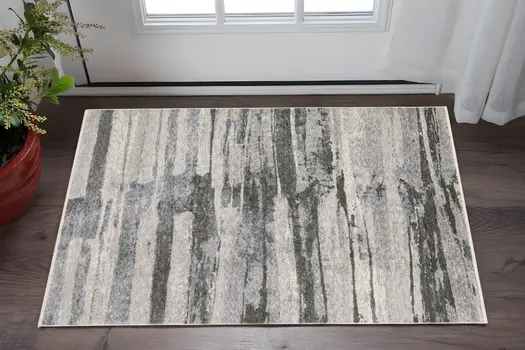 3' X 5' Gray And Ivory Abstract Area Rug With Fringe