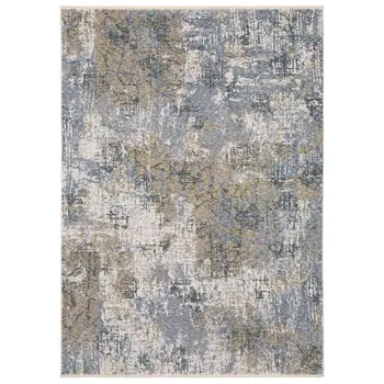 3' X 5' Beige And Blue Abstract Area Rug With Fringe