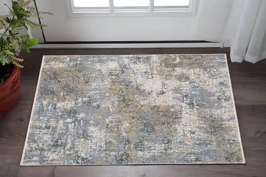 3' X 5' Beige And Blue Abstract Area Rug With Fringe