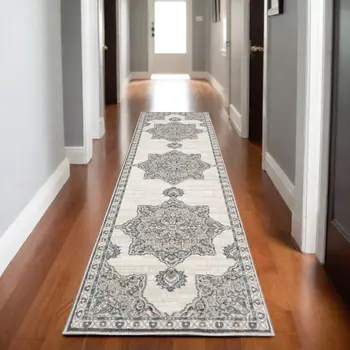 8' Gray And Blue Medallion Runner Rug