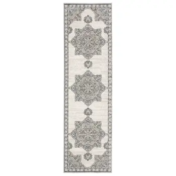 8' Gray And Blue Medallion Runner Rug