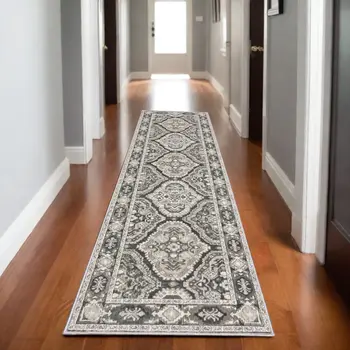 8' Ivory And Blue Medallion Runner Rug