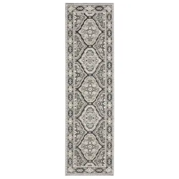 8' Ivory And Blue Medallion Runner Rug