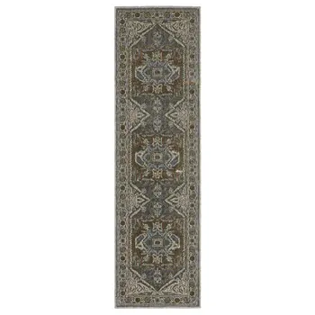8' Blue Ivory And Brown Medallion Runner Rug