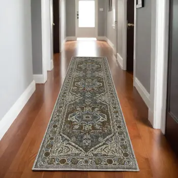 8' Blue Ivory And Brown Medallion Runner Rug
