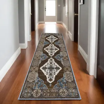 8' Blue And Green Medallion Runner Rug