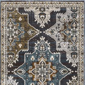 8' Gray And Blue Medallion Runner Rug