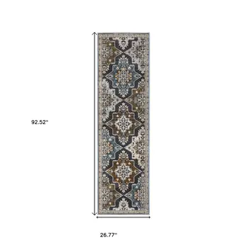 8' Gray And Blue Medallion Runner Rug