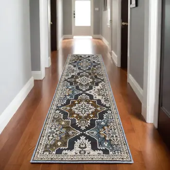 8' Gray And Blue Medallion Runner Rug