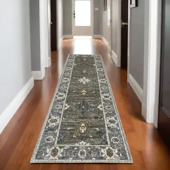 8' Blue Gray And Ivory Oriental Runner Rug