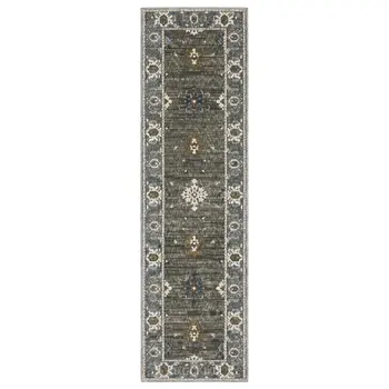 8' Blue Gray And Ivory Oriental Runner Rug