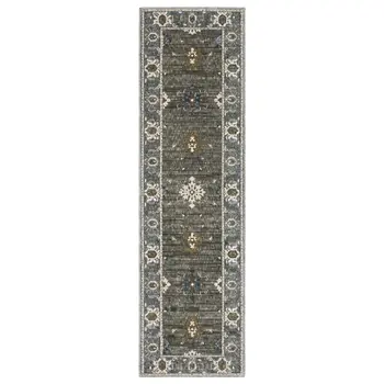 8' Blue Gray And Ivory Oriental Runner Rug