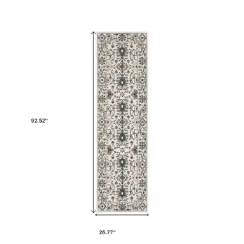 8' Ivory And Blue Oriental Runner Rug